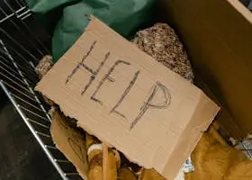 Close-up of a cardboard sign 'Help' placed in a shopping cart with blankets.